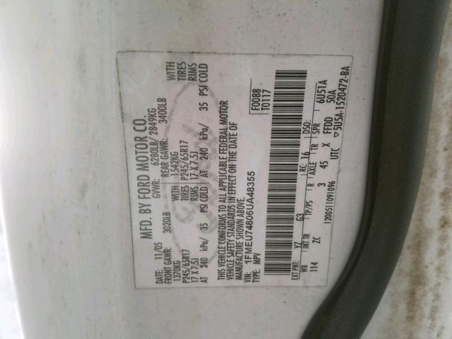 1FMEU74806UA48355 - 2006 FORD EXPLORER E WHITE photo 10