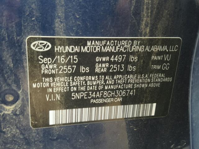 5NPE34AF8GH306741 - 2016 HYUNDAI SONATA SPO BLUE photo 10