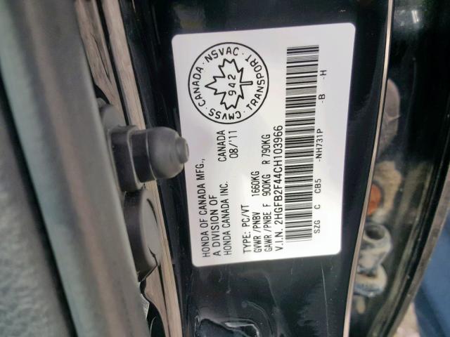 2HGFB2F44CH103966 - 2012 HONDA CIVIC LX BLACK photo 10