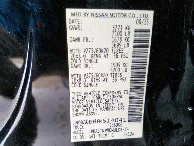 1N6BA0ED4FN514041 - 2015 NISSAN TITAN S BLACK photo 10