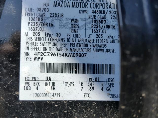 4F2CZ96154KM09807 - 2004 MAZDA TRIBUTE ES 黑色 照片 10