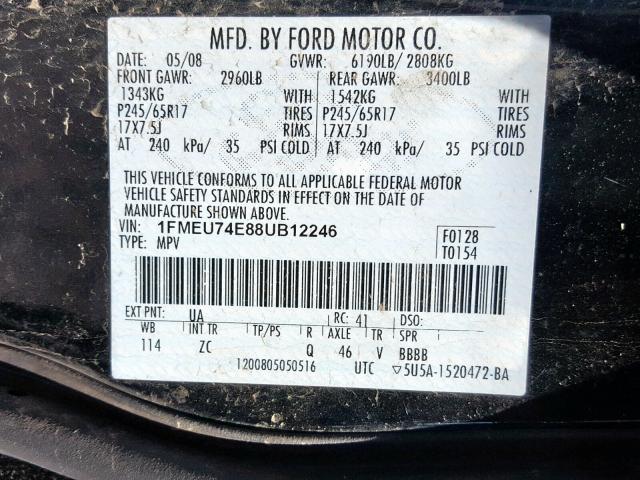 1FMEU74E88UB12246 - 2008 FORD EXPLORER E BLACK photo 10