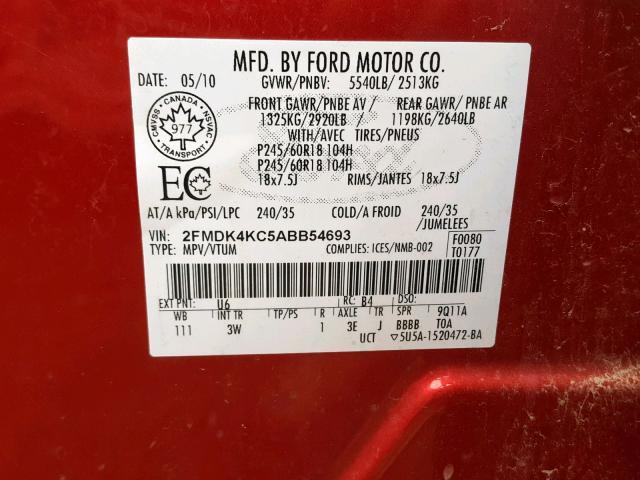 2FMDK4KC5ABB54693 - 2010 FORD EDGE LIMIT RED photo 10