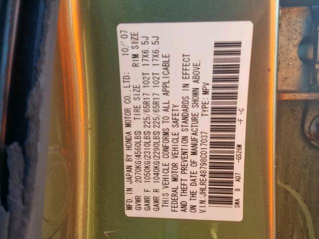 JHLRE48798C017037 - 2008 HONDA CR-V EXL GREEN photo 10