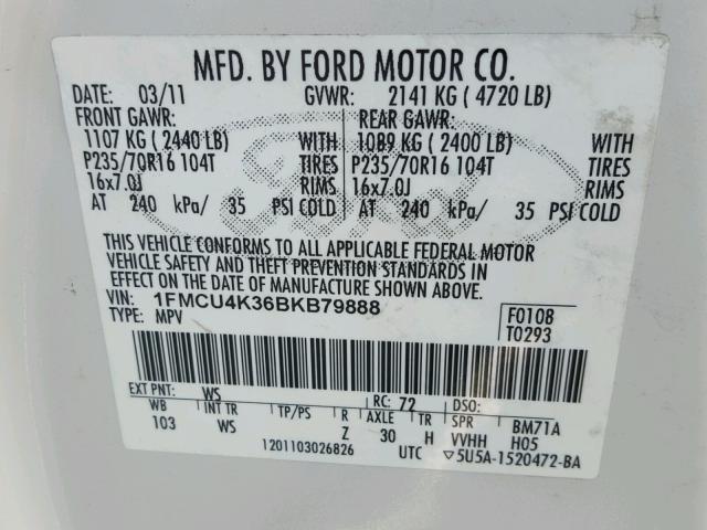 1FMCU4K36BKB79888 - 2011 FORD ESCAPE HYB WHITE photo 10