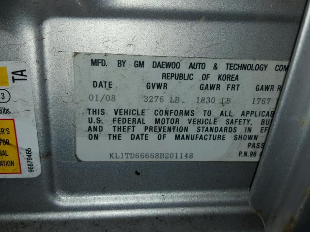 KL1TD66668B201148 - 2008 CHEVROLET AVEO BASE 银色 照片 10