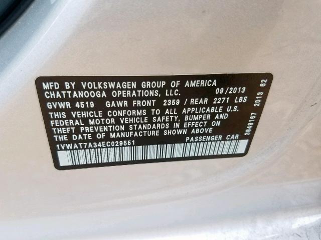 1VWAT7A34EC029551 - 2014 VOLKSWAGEN PASSAT S SILVER photo 10