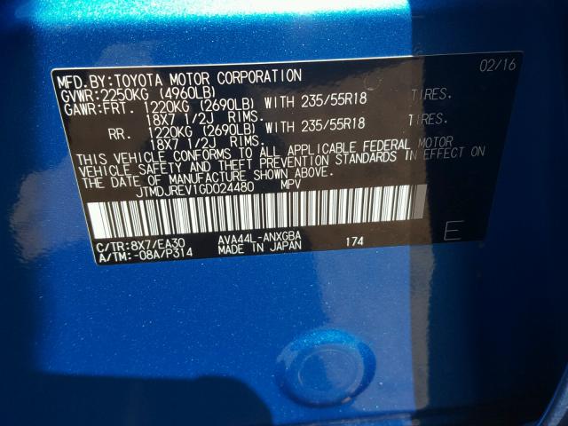 JTMDJREV1GD024480 - 2016 TOYOTA RAV4 HV LI BLUE photo 10