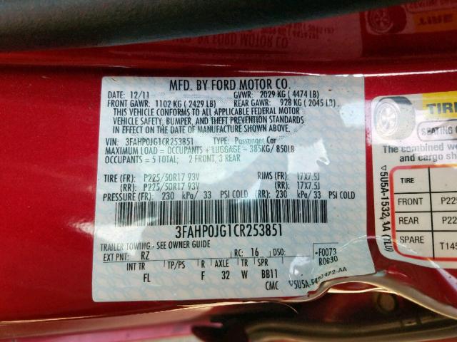 3FAHP0JG1CR253851 - 2012 FORD FUSION SEL RED photo 10
