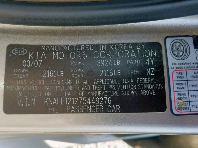 KNAFE121275449276 - 2007 KIA SPECTRA EX GOLD photo 10