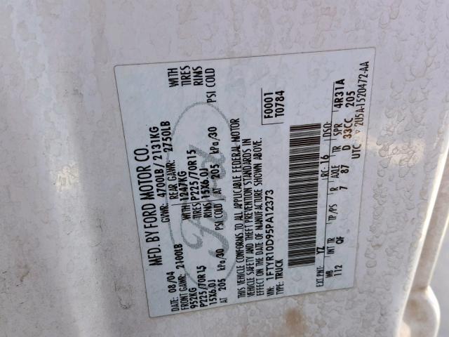 1FTYR10D95PA12373 - 2005 FORD RANGER WHITE photo 10