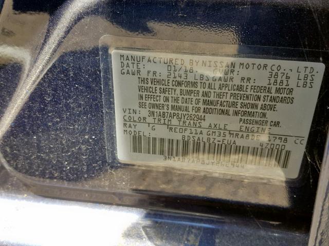 3N1AB7AP8JY262944 - 2018 NISSAN SENTRA S BLUE photo 10