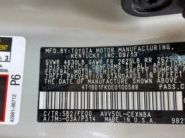 4T1BD1FK0EU100588 - 2014 TOYOTA CAMRY HYBR TAN photo 10