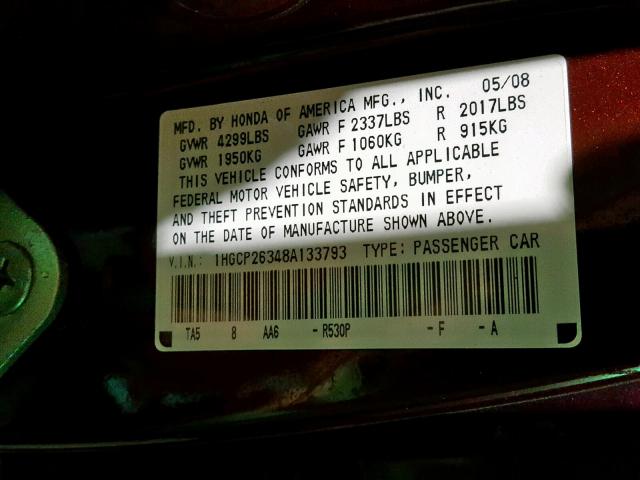 1HGCP26348A133793 - 2008 HONDA ACCORD LX MAROON photo 10