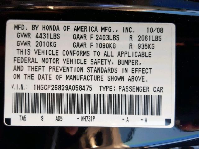 1HGCP26829A058475 - 2009 HONDA ACCORD EXL BLACK photo 10