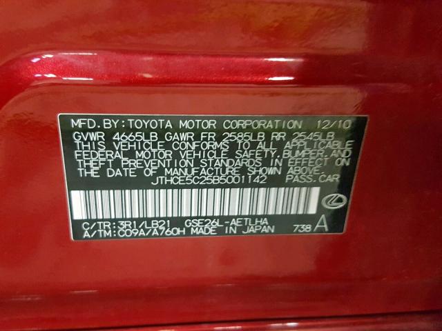 JTHCE5C25B5001142 - 2011 LEXUS IS 350 RED photo 10