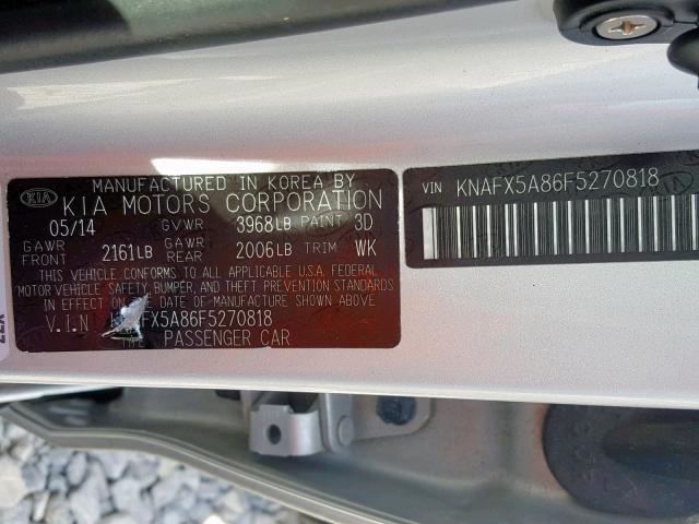 KNAFX5A86F5270818 - 2015 KIA FORTE EX SILVER photo 10