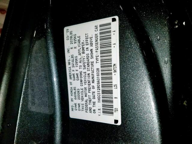 1HGCS12809A016028 - 2009 HONDA ACCORD EXL GRAY photo 10