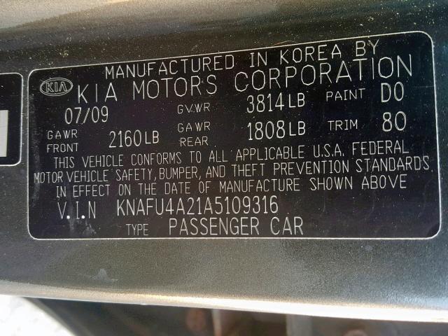 KNAFU4A21A5109316 - 2010 KIA FORTE EX BLACK photo 10