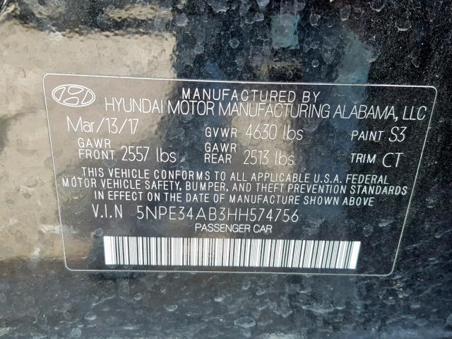 5NPE34AB3HH574756 - 2017 HYUNDAI SONATA SPO BLACK photo 10