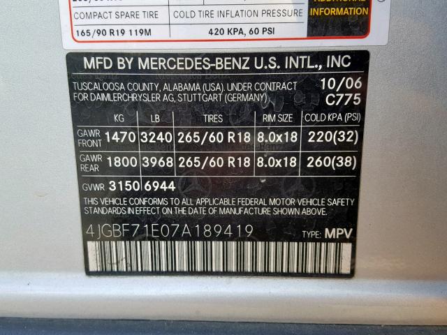 4JGBF71E07A189419 - 2007 MERCEDES-BENZ GL 450 4MA SILVER photo 10