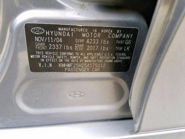 KMHWF25H25A175012 - 2005 HYUNDAI SONATA GL BLUE photo 10