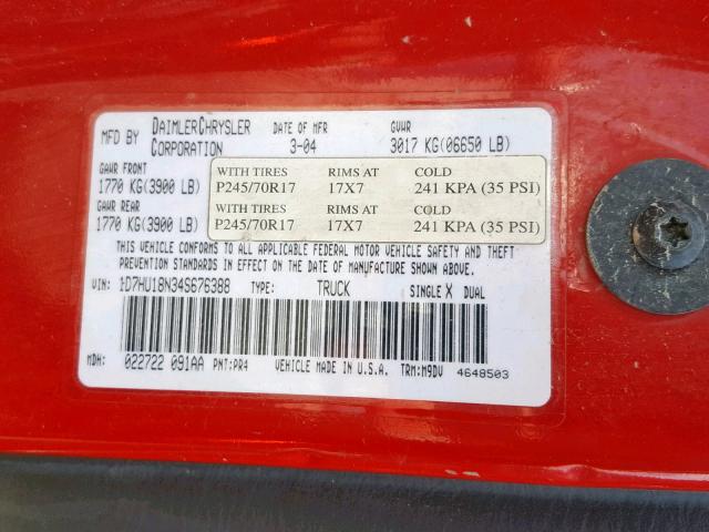 1D7HU18N34S676388 - 2004 DODGE RAM 1500 S RED photo 10