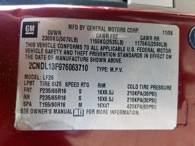 2CNDL13F976063710 - 2007 CHEVROLET EQUINOX LS RED photo 10