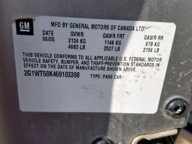 2G1WT58K469103398 - 2006 CHEVROLET IMPALA LT SILVER photo 10