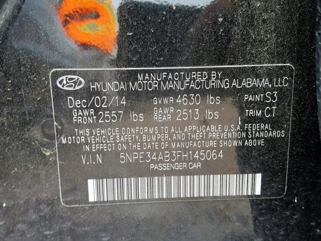 5NPE34AB3FH145064 - 2015 HYUNDAI SONATA SPO BLACK photo 10