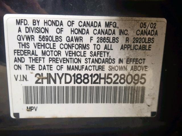 2HNYD18812H528095 - 2002 ACURA MDX TOURIN BLACK photo 10