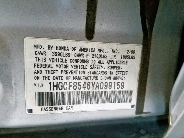 1HGCF8546YA099159 - 2000 HONDA ACCORD DX GRAY photo 10