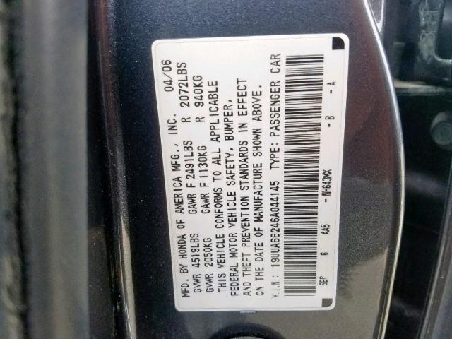 19UUA66246A044145 - 2006 ACURA 3.2TL GRAY photo 10