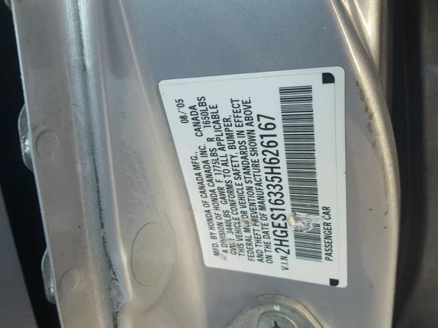 2HGES16335H626167 - 2005 HONDA CIVIC DX V SILVER photo 10