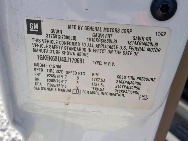 1GKEK63U43J179681 - 2003 GMC YUKON DENA WHITE photo 10