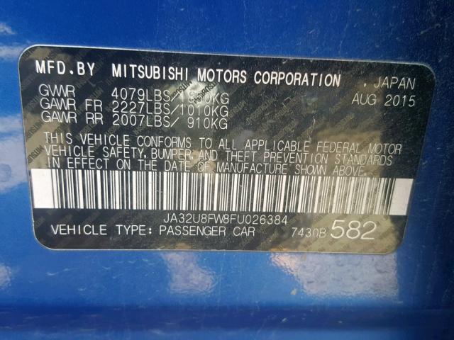 JA32U8FW8FU026384 - 2015 MITSUBISHI LANCER GT BLUE photo 10