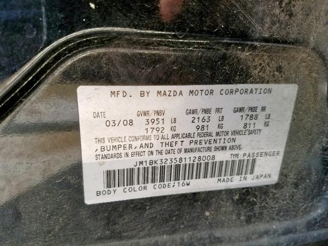 JM1BK323581128008 - 2008 MAZDA 3 S BLACK photo 10