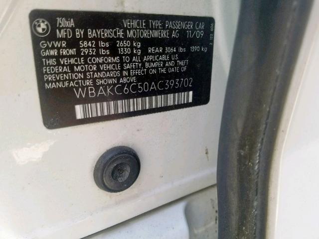 WBAKC6C50AC393702 - 2010 BMW 750 I WHITE photo 10