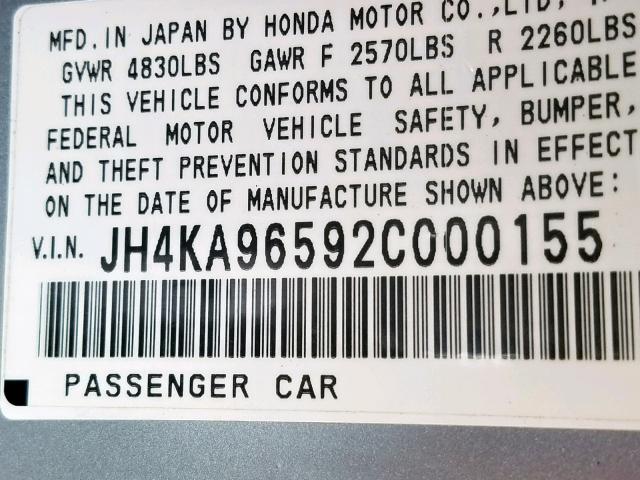 JH4KA96592C000155 - 2002 ACURA 3.5RL SILVER photo 10