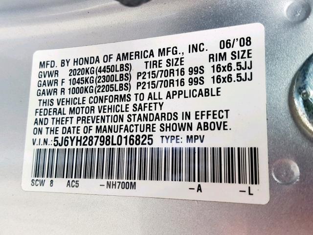 5J6YH28798L016825 - 2008 HONDA ELEMENT EX SILVER photo 10