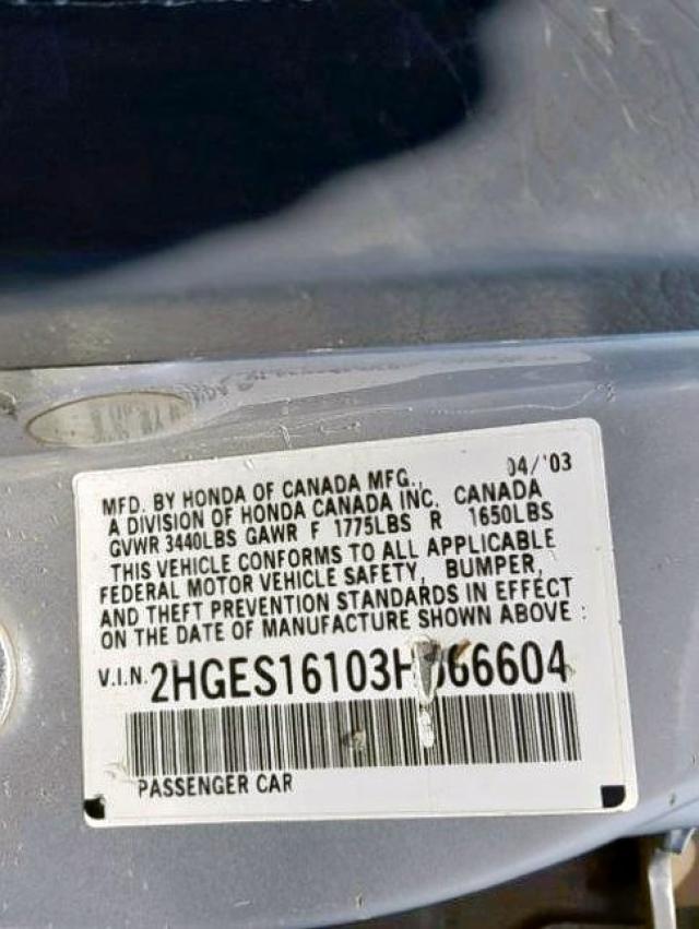 2HGES16103H566604 - 2003 HONDA CIVIC DX SILVER photo 10