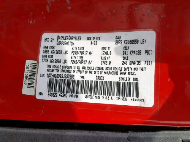 1D7HA16D83J637853 - 2003 DODGE RAM 1500 S RED photo 10