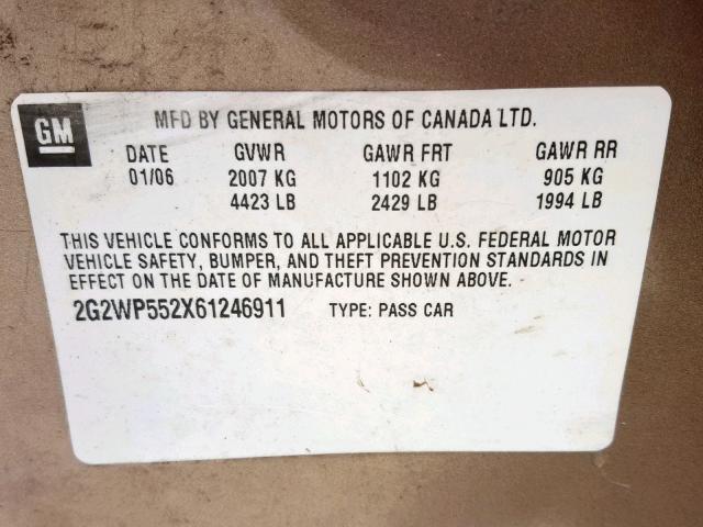 2G2WP552X61246911 - 2006 PONTIAC GRAND PRIX GOLD photo 10