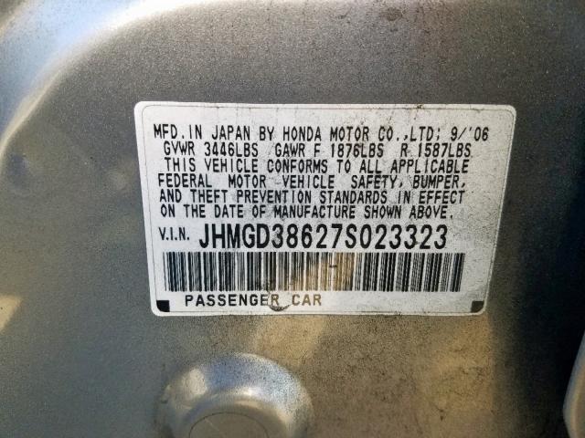 JHMGD38627S023323 - 2007 HONDA FIT S 灰色 照片 10