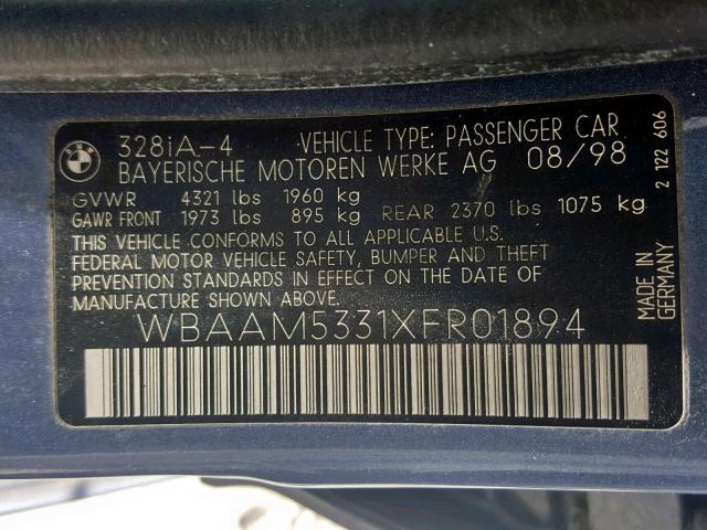 WBAAM5331XFR01894 - 1999 BMW 328 I AUTO BLUE photo 10