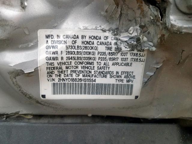 2HNYD18826H511554 - 2006 ACURA MDX TOURIN SILVER photo 10