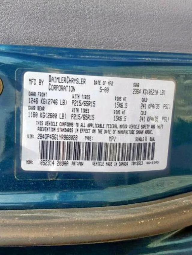 2B4GP45G1YR868028 - 2000 DODGE CARAVAN SE GREEN photo 10