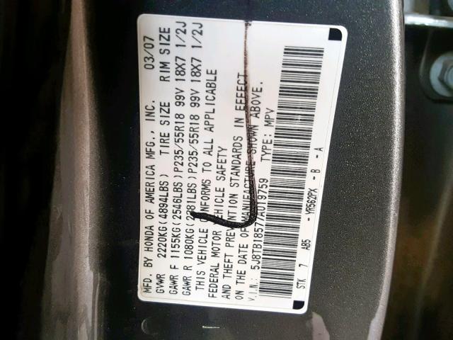 5J8TB18577A019759 - 2007 ACURA RDX TECHNO CHARCOAL photo 10