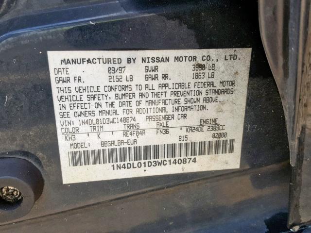 1N4DL01D3WC140874 - 1998 NISSAN ALTIMA XE BLACK photo 10