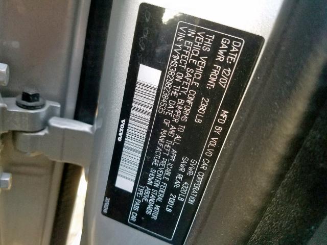 YV1MS382982384535 - 2008 VOLVO S40 2.4I SILVER photo 10